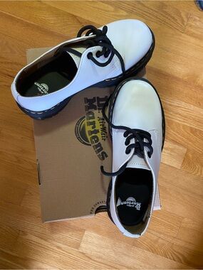 Dr. Martens White Leather Platform Oxford Shoes with Black Soles